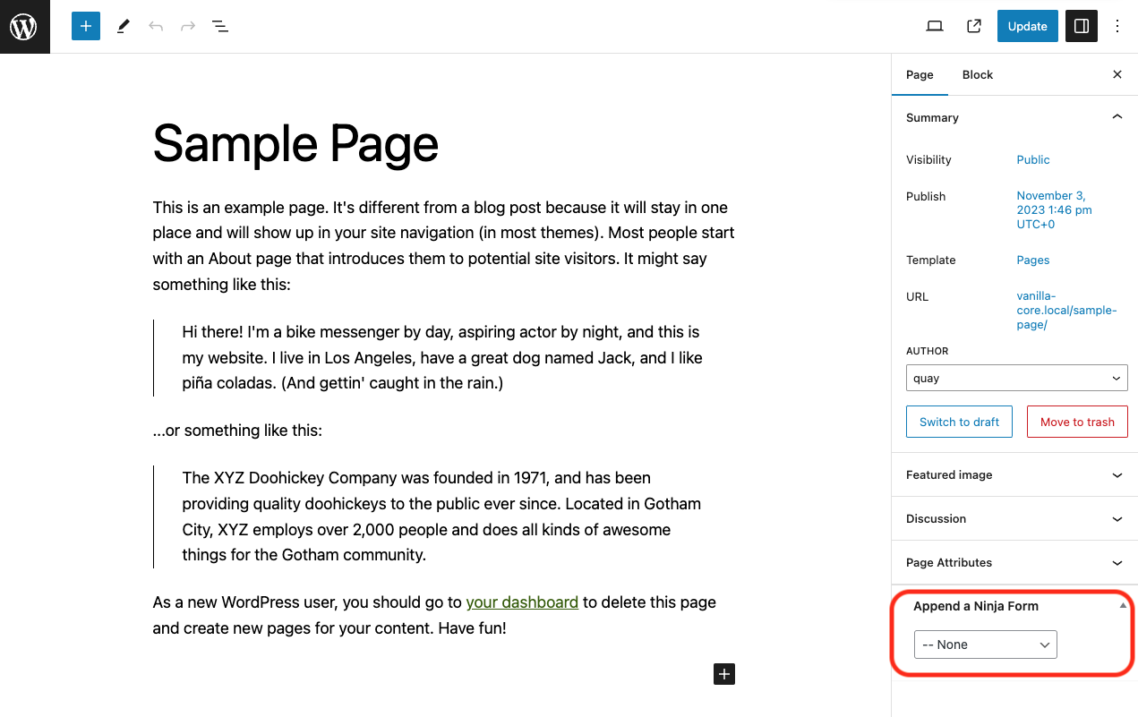 image of a sample WordPress page with the Append a Ninja Forms metabox highlighted at the bottom of the page's right hand column